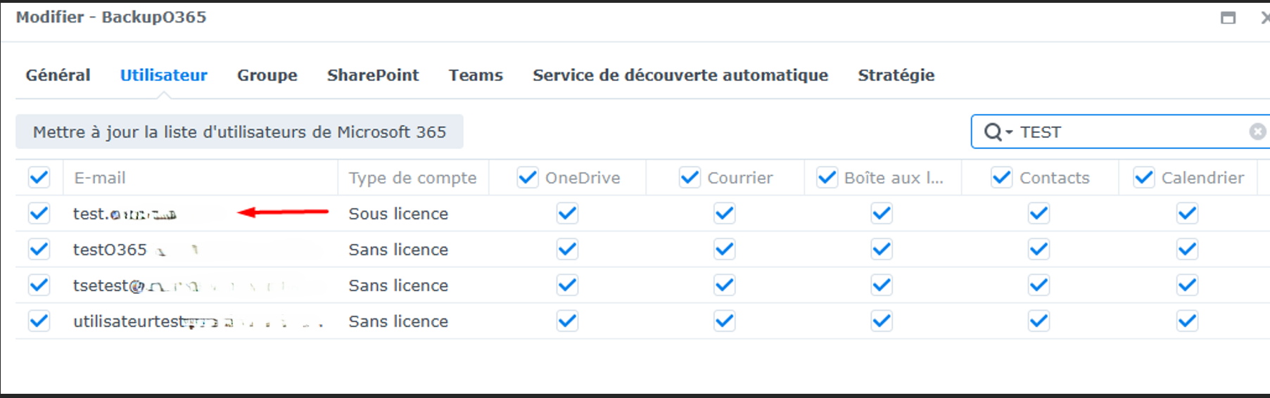 Paramètre utilisateur de la tâche BackupO365