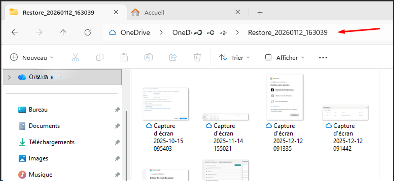 Résultat de la restauration OneDrive