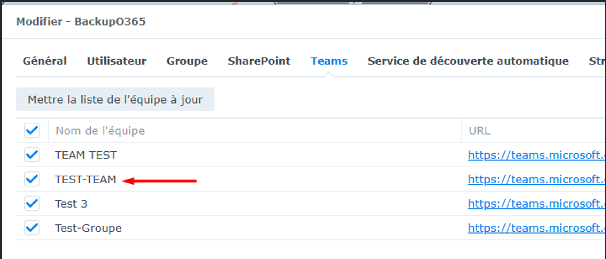 Paramètre Teams de la tâche BackupO365