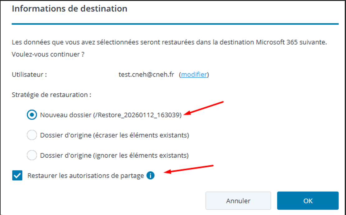 Options de restauration — nouveau dossier