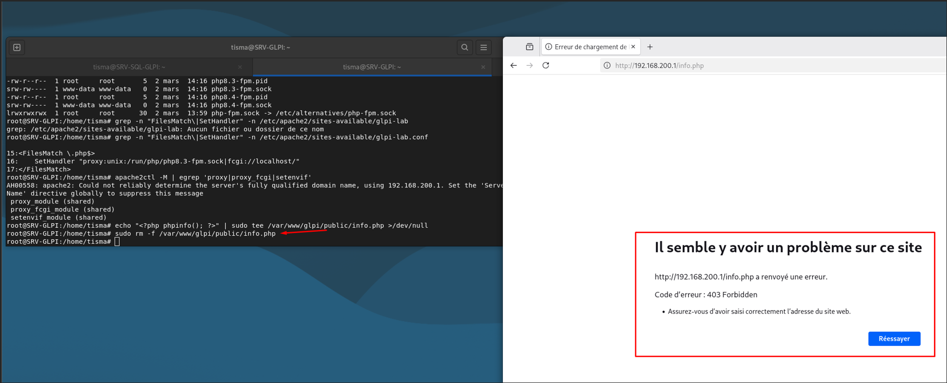 Suppression de info.php et erreur 403 dans le navigateur