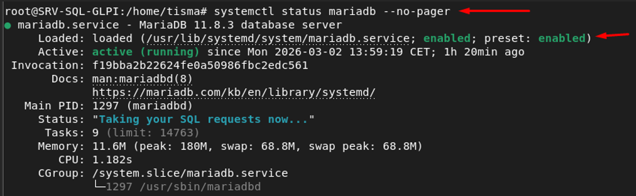 systemctl status mariadb montrant active (running) et enabled