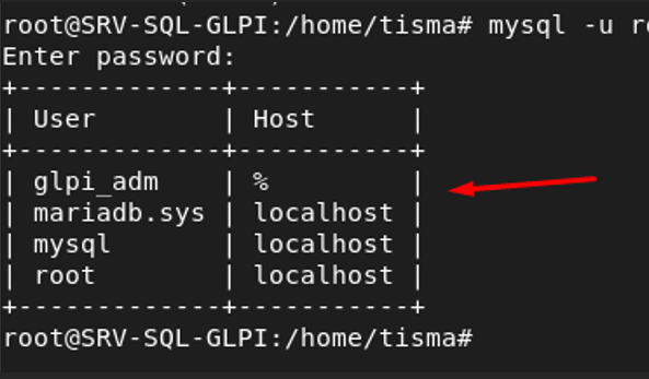 Table mysql.user listant glpi_adm, mariadb.sys, mysql, root
