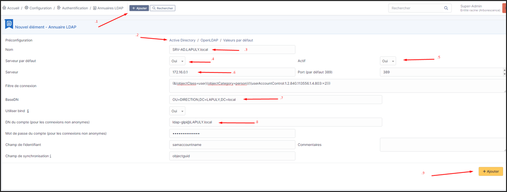 Interface de configuration LDAP dans GLPI