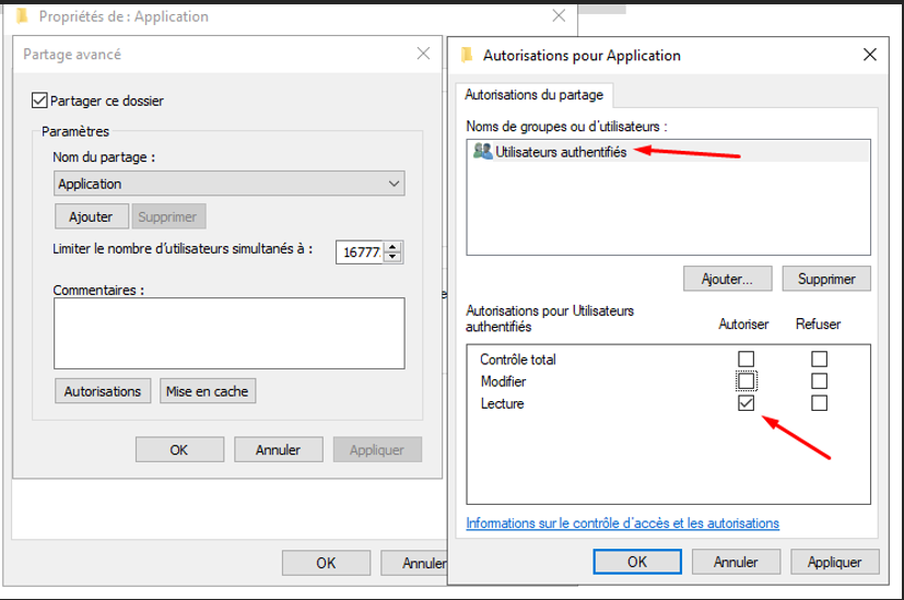 Autorisations de partage réseau — Utilisateurs authentifiés en lecture