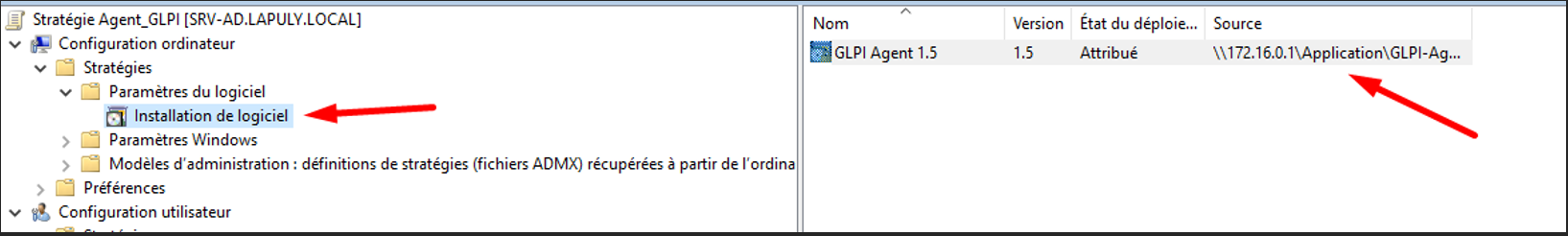 GPO Installation de logiciel — GLPI Agent 1.5 attribué