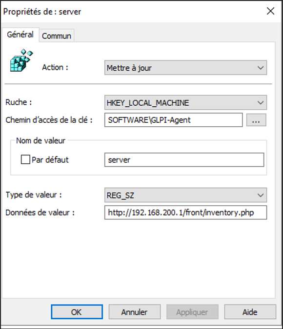 Propriété de registre SOFTWARE\GLPI-Agent — clé server pointant vers l'URL GLPI