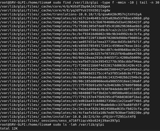 find /var/lib/glpi montrant les fichiers créés par la pièce jointe