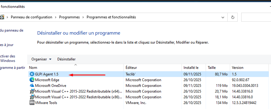 Programmes et fonctionnalités — GLPI Agent 1.5 installé