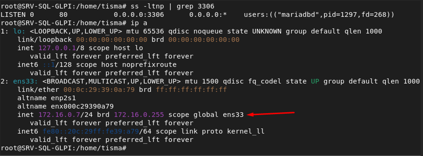 ss -ltnp et ip a sur le serveur MariaDB — 172.16.0.7