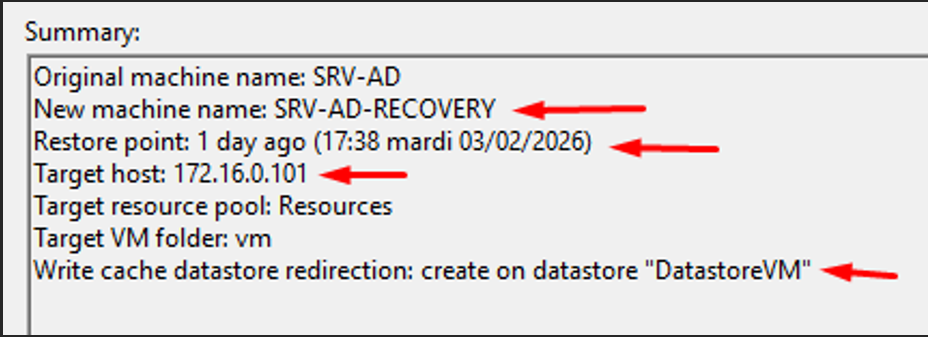 Résumé des paramètres Instant Recovery