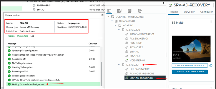 Session Instant Recovery — VM démarrée, migration en attente