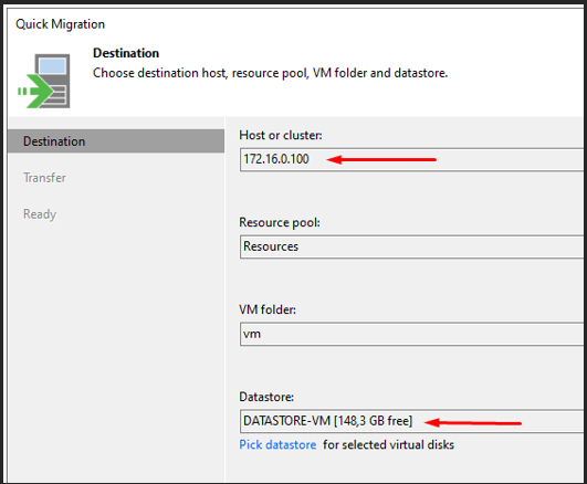 Assistant Quick Migration — destination ESXi source, datastore DatastoreVM