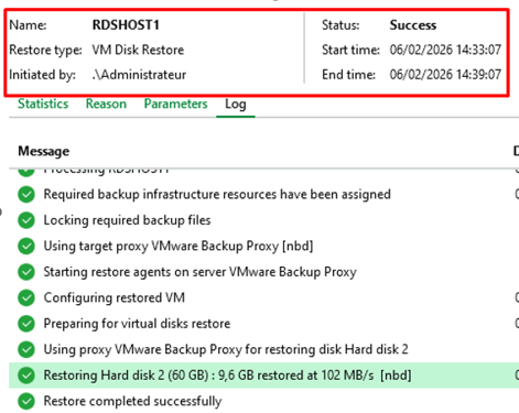 Veeam log — Restore completed successfully pour RDSHOST1