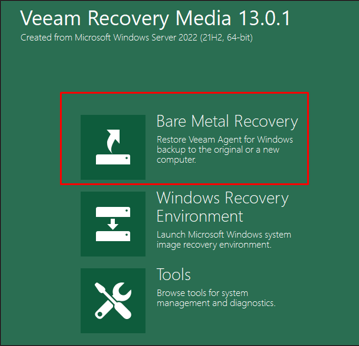 Veeam Recovery Media 13.0.1 — Bare Metal Recovery sélectionné