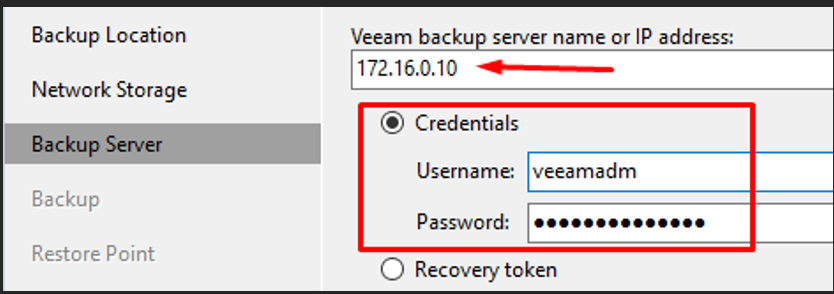 Backup Server — IP 172.16.0.10, credentials veeamadm