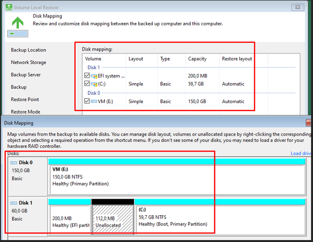 Disk Mapping — partitions EFI, C:, données sur disques séparés
